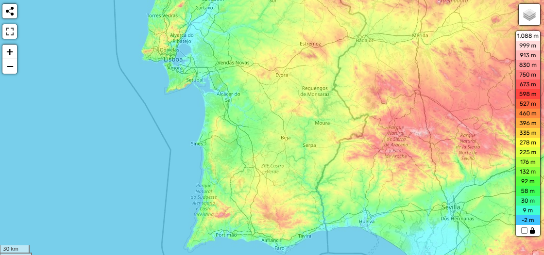 Mapa Relevo da zona do Alentejo